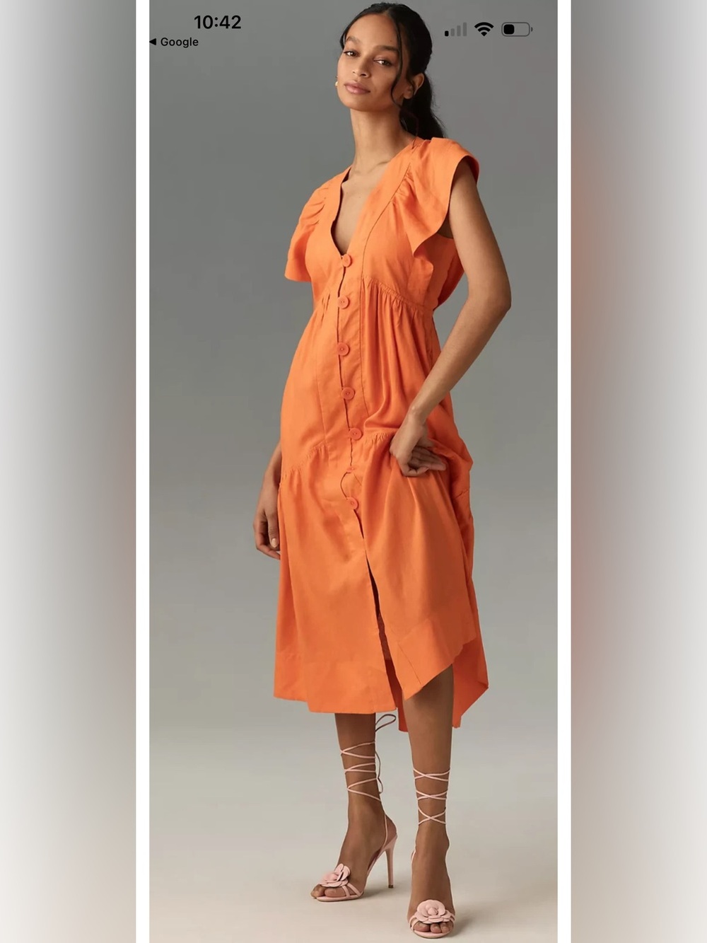 By Anthropologie Orange Flutter-Sleeve Linen Button-Front Midi Dress Size large